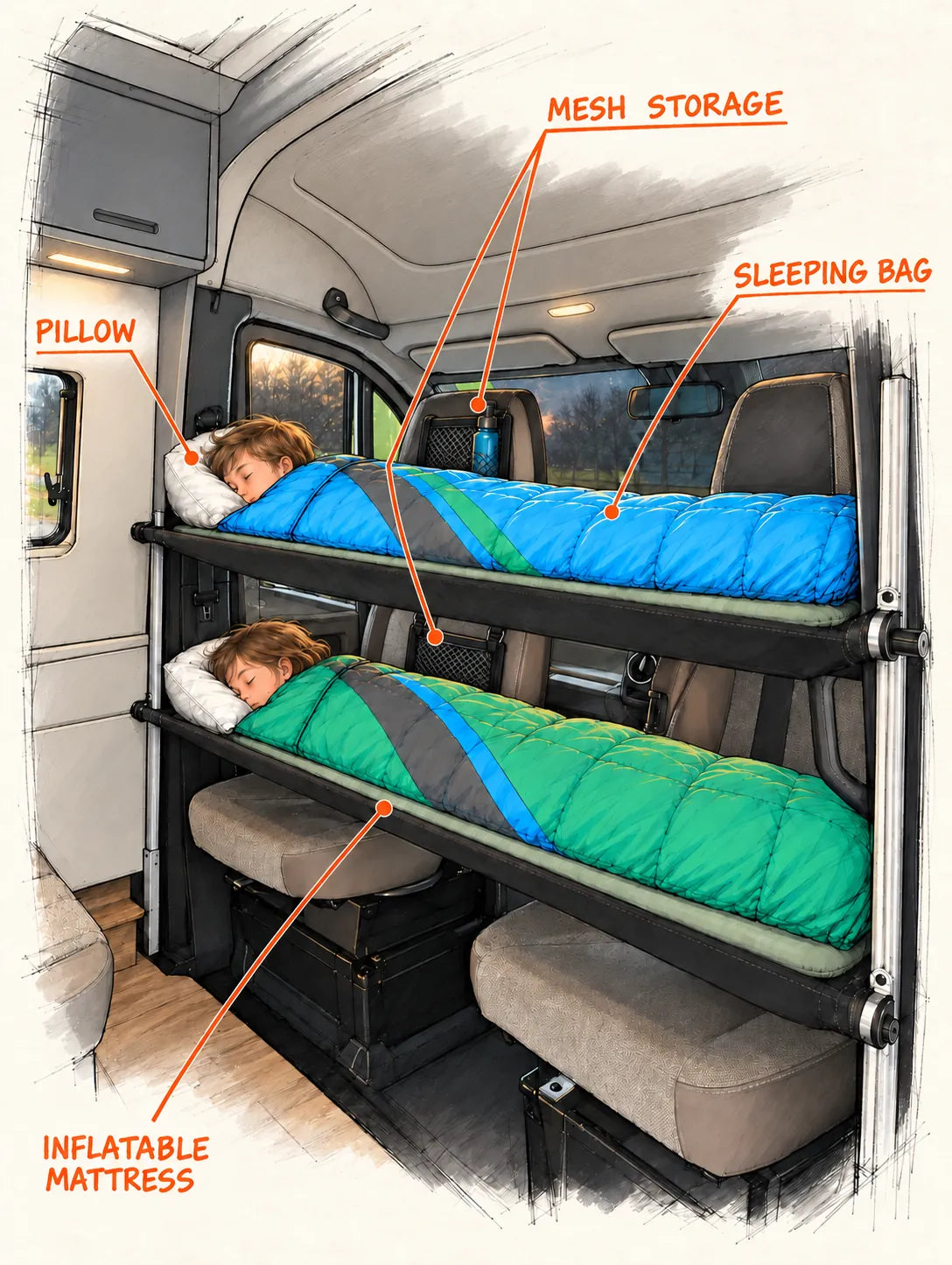 Illustration: two kids asleep in Van Bunks across the front cab of a van, Glacier bag on the top bunk, Juniper bag below